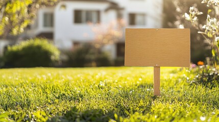 A stunning image of blank yard sign stands in vibrant green grass in front of white house. Empty sign offers creative space for marketing real estate advertisement. Springtime.