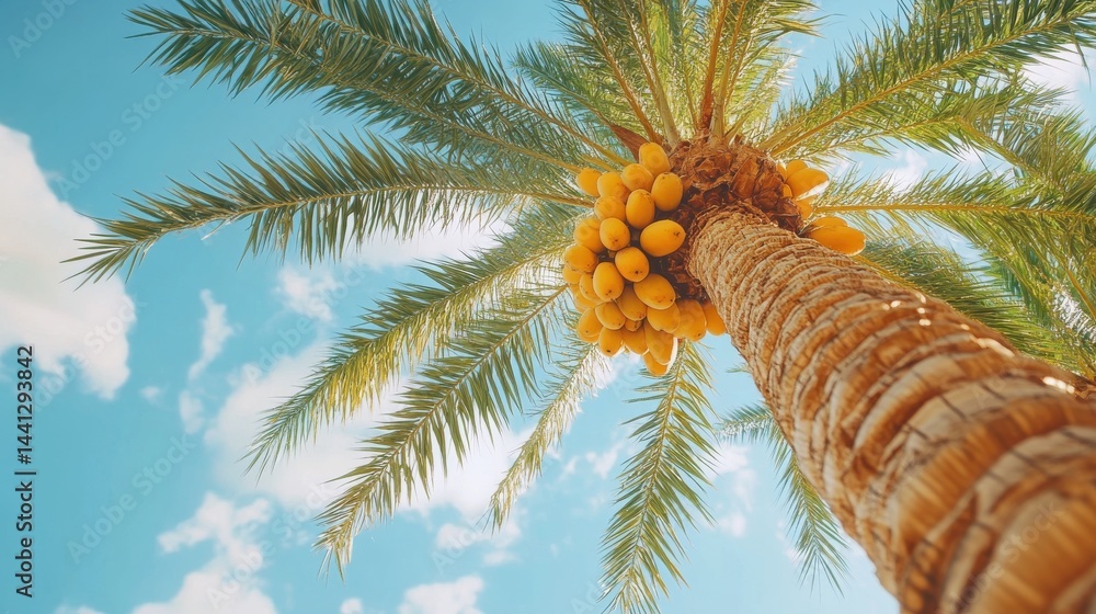 Poster a stunning image of bottom view of a date palm tree with ripe dates against blue sky. fruits of date