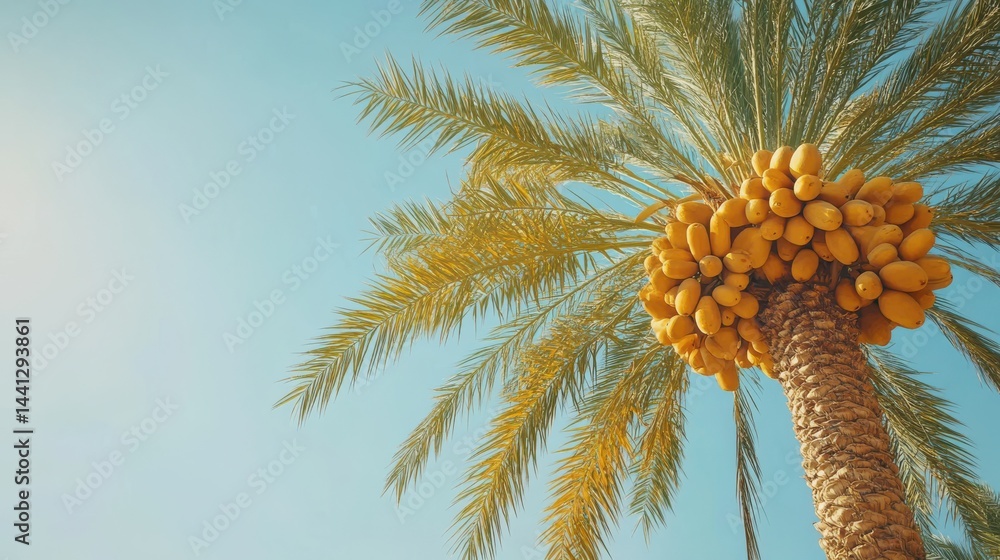 Poster a stunning image of bottom view of a date palm tree with ripe dates against blue sky. fruits of date