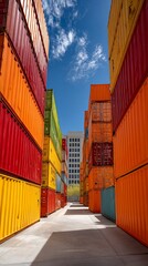 Colorful shipping containers stacked high, a pathway between them, city building in the distance, a sunny day, potentially used for stock photography or print