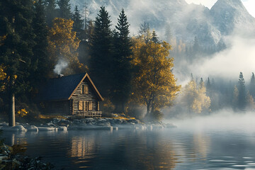 Fototapeta premium Misty mountain lake scenery with a rustic cabin.