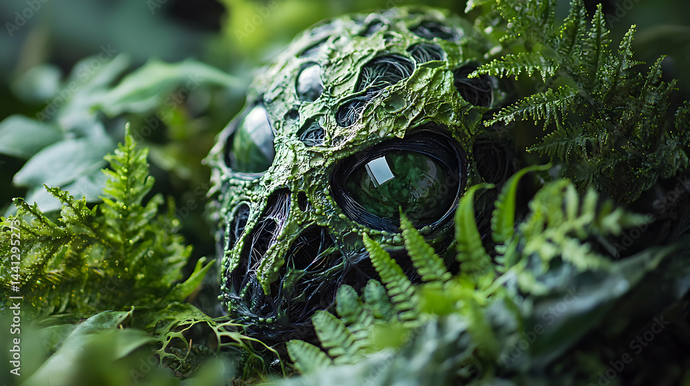 Poster a moss-covered skull rests in lush greenery creating a mysterious and fantastical scene. ideal for f