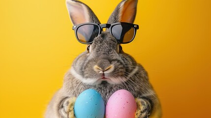 gray rabbit wearing black sunglasses holding blue and pink speckled eggs against bright yellow background with a calm and cheerful expression