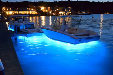 Two boats illuminated with blue underwater lights at a marina at night. Calm waters reflect lights from nearby buildings.