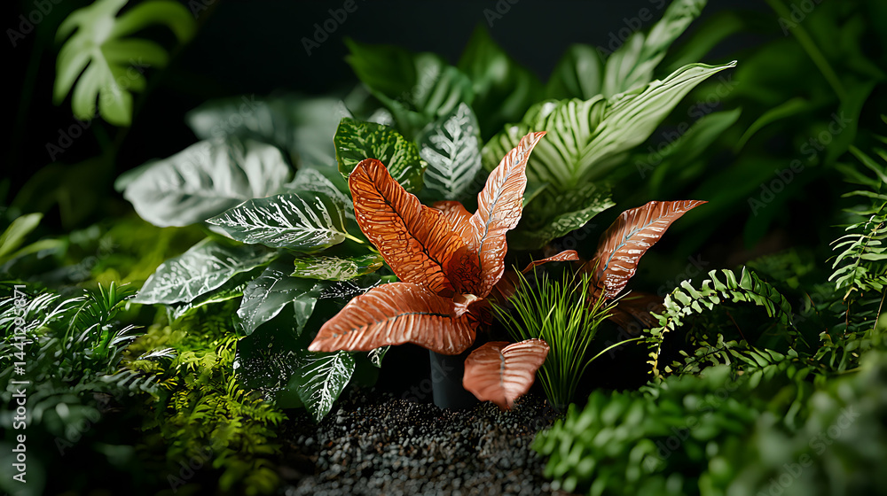 Poster an artistic display of various plants and ferns. ideal for interior design projects or creating a na