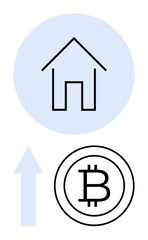 Minimal design with house outline in blue circle, bitcoin coin, and upward arrow. Ideal for cryptocurrency, real estate, investment, finance, blockchain, technology growth concept flat simple