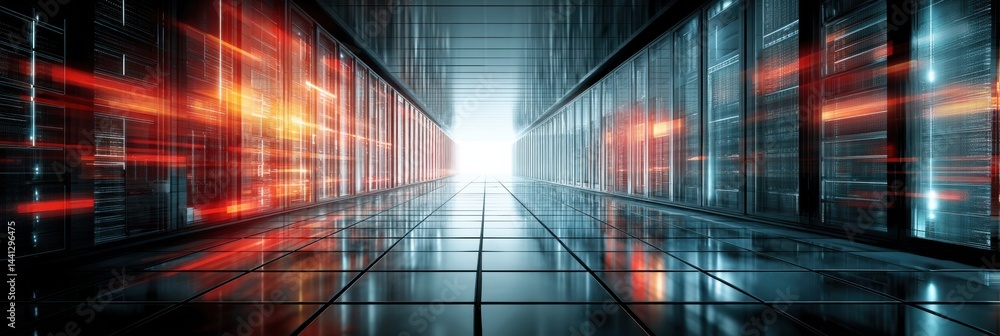 Poster data center corridor with glowing servers and reflective floors creating a futuristic atmosphere