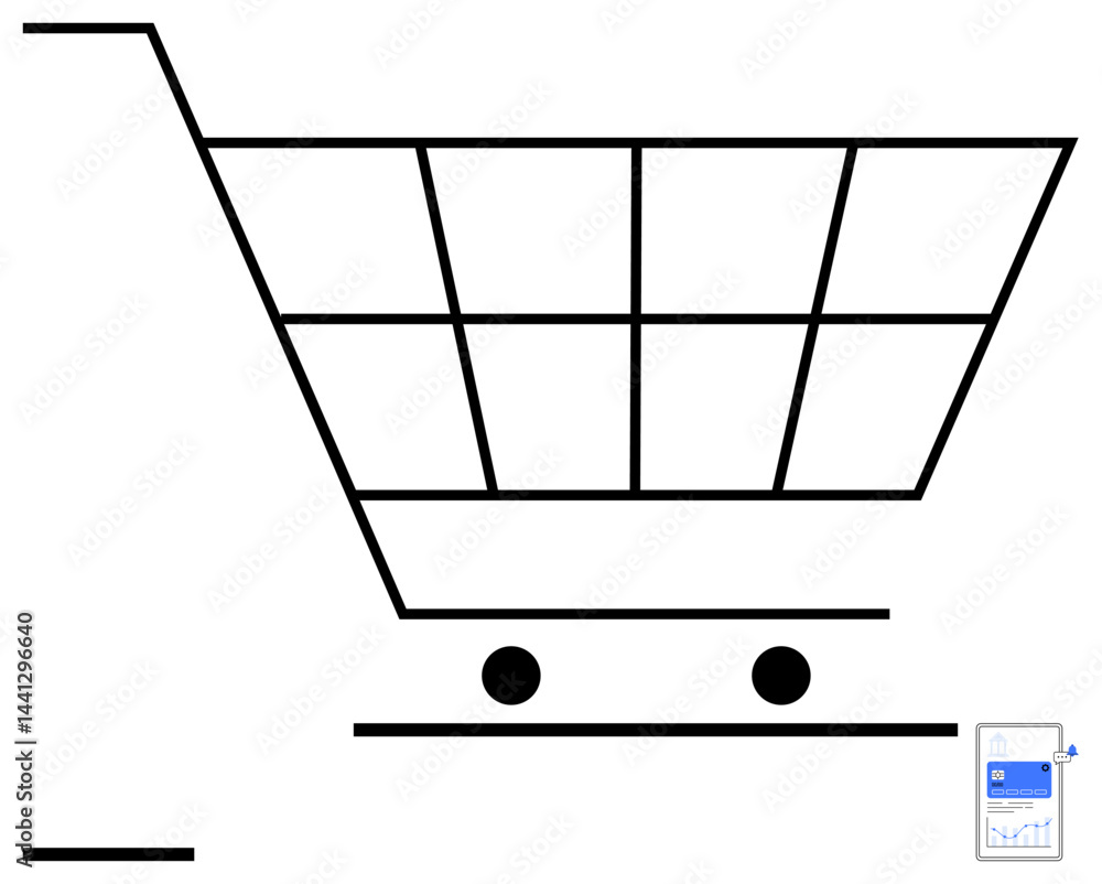 Poster minimalist shopping cart design with a mobile screen displaying analytics. ideal for e-commerce, onl
