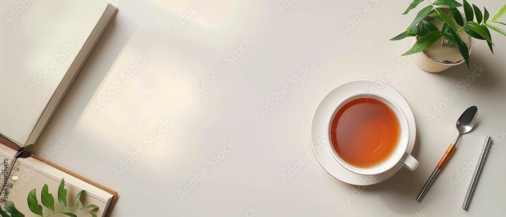 Fototapete flat lay composition of notebook, coffee, and green tropical leaves on a minimal background. creativ