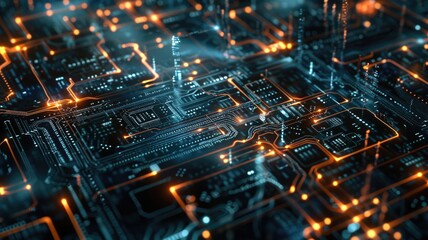 Abstract picture particle in complex circuit with digital technology style design and the electric light graphic show dynamic movement represent processor of chip algorithm process on computer. AIG53.