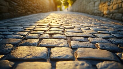 a close up view of cobbled street with sunlight on the stones.