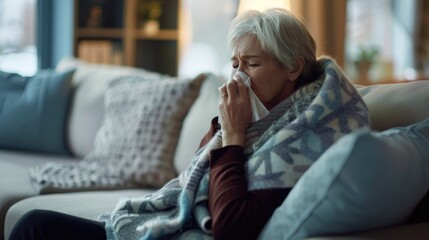 Obraz premium Sick elderly woman sitting on a couch with a tissue, wrapped in a blanket. Grand mother or old people sneezing and holding tissue paper at cozy room. Senior health and cold recovery concept. AIG55.