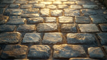 a close up view of cobbled street with sunlight on the stones.