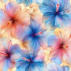 Fototapeta premium vibrant close-up of delicate tropical hibiscus flowers in soft pastel shades of blue, pink, and peach creating a gentle, calming floral pattern