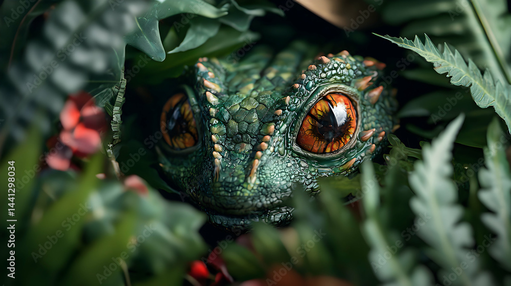Poster a close-up of a fantasy creature with reptilian features peeking from lush foliage. use it to create
