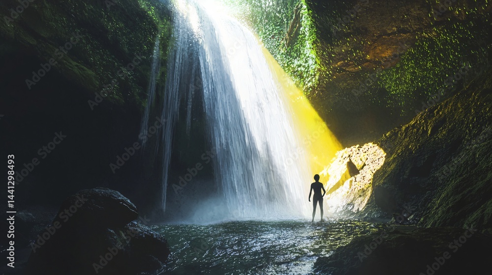 Aufkleber adventurous person standing in front of a majestic waterfall surrounded by nature while embracing th