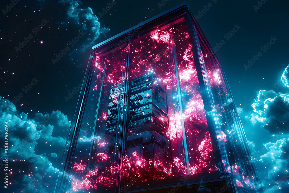 Poster futuristic data center concept showcasing servers encased in a glass structure amid a cosmic backdro