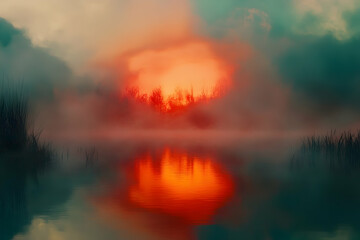 Naklejka premium Vivid sunrise reflected in a tranquil morning mist over a still lake.
