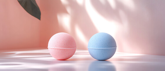 Fototapeta premium Two colorful cosmetic containers on a light background, showcasing beauty products in a minimalist style.