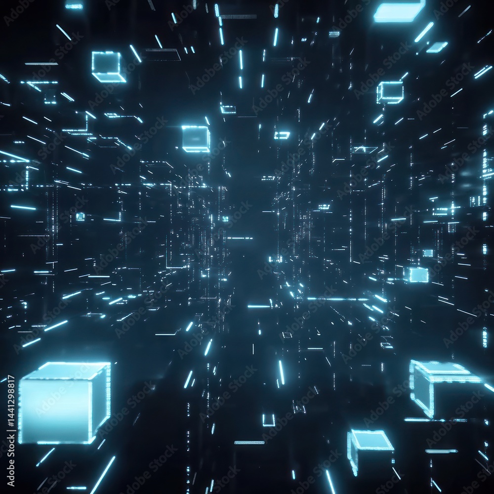 Poster abstract digital data flow tunnel, glowing cubes, background technology, website header