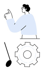 Person raising a finger, large gear symbolizing settings or productivity, and ladle indicating cooking or preparation. Ideal for guidance, productivity, settings, development, cooking, conceptual