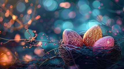Decorative glowing eggs with intricate patterns in a dark nest surrounded by delicate branches with small buds against a sparkling bokeh background, evoking a magical and serene atmosphere