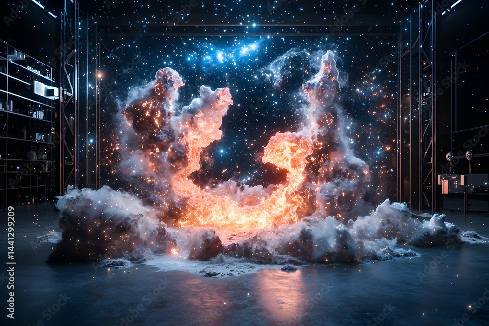Poster surreal cosmic explosion inside a laboratory setting. use this image to illustrate science fiction o