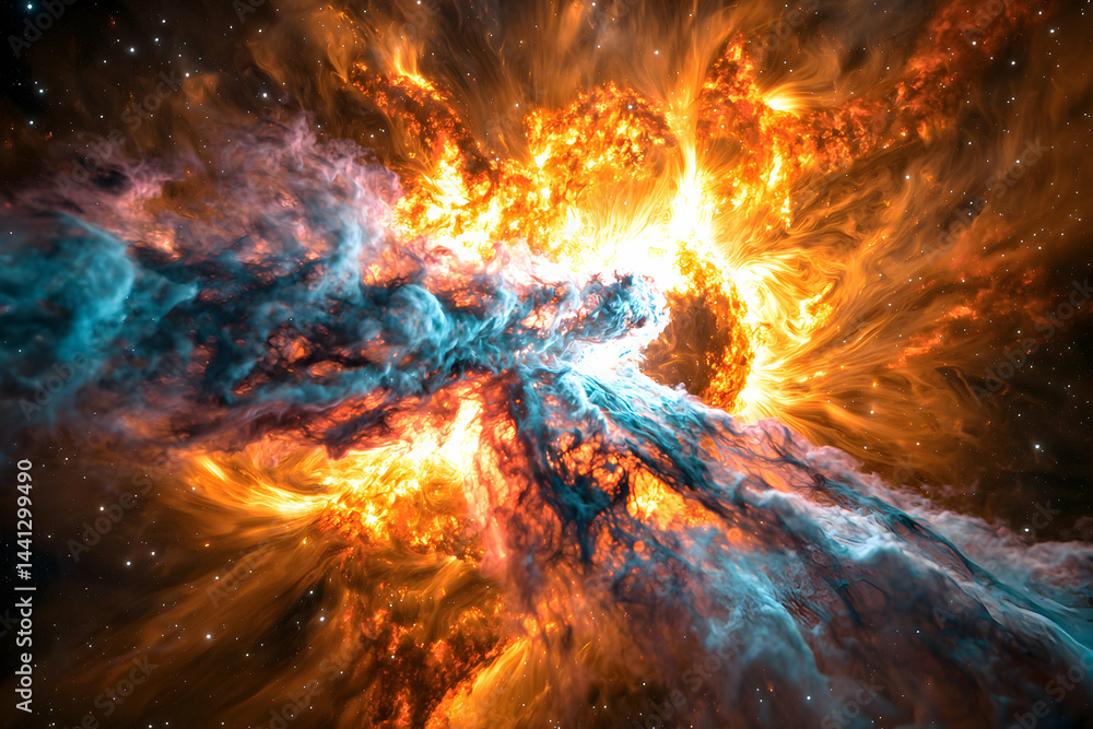 Poster this image depicts a celestial event like a supernova or nebula. the colors are vibrant with fiery o