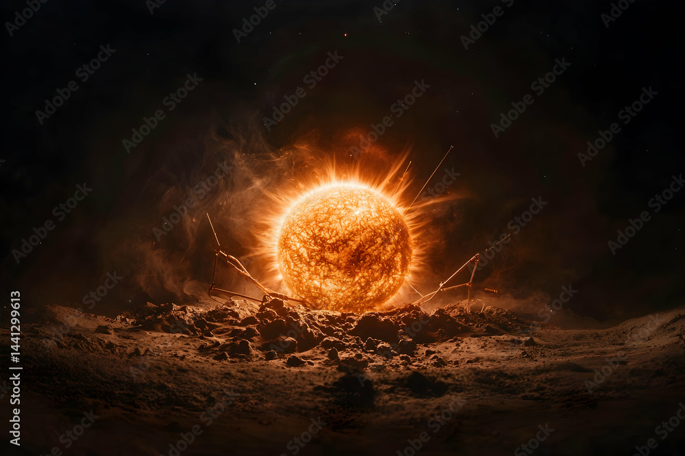 Poster a fiery sun dominates a desolate landscape with broken structures. it evokes themes of cosmic destru