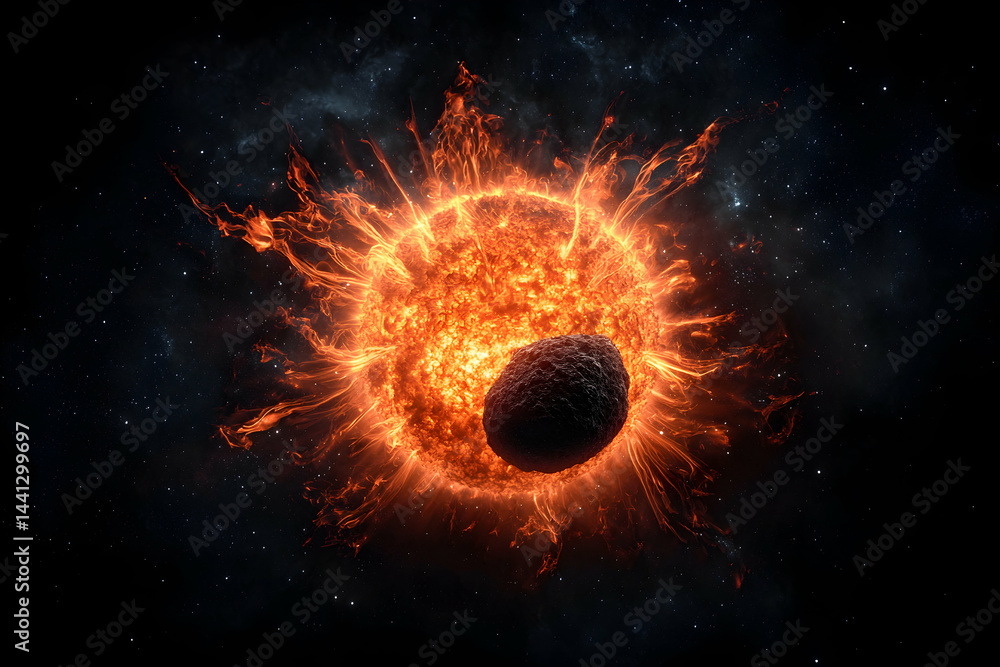 Poster a fiery celestial scene depicts a star engulfing a space rock showcasing the power of stellar phenom