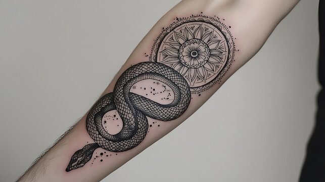 A black and white tattoo of a snake with a sun on its back