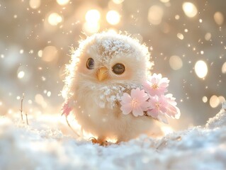 Adorable snowy owl cub with blossoms enjoying winter scenery, ideal for fairy tales, greeting cards, or design