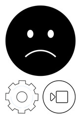 Sad face emotion for negative emotional states alongside a settings gear and video recording icon. Ideal for communication, emotions, technology, troubleshooting, multimedia, online support, simple