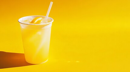 Refreshing Iced Lemonade Drink in Plastic Cup Yellow Background Summer Beverage Cold Tasty Citrus Fruit Ice Cubes Straw Yellow Theme Cool Food Sweet  