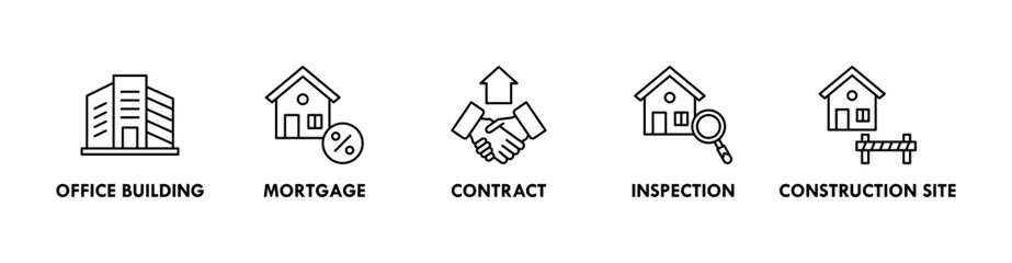 Real Estate banner web icon illustration concept with icon of office building, mortgage, contract, inspection, and construction site