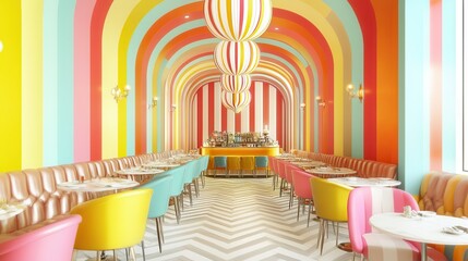 Vibrant, colorful restaurant interior with striped walls and whimsical lighting, inviting atmosphere