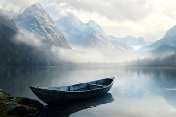 Misty mountain lake scene with a lone weathered boat.