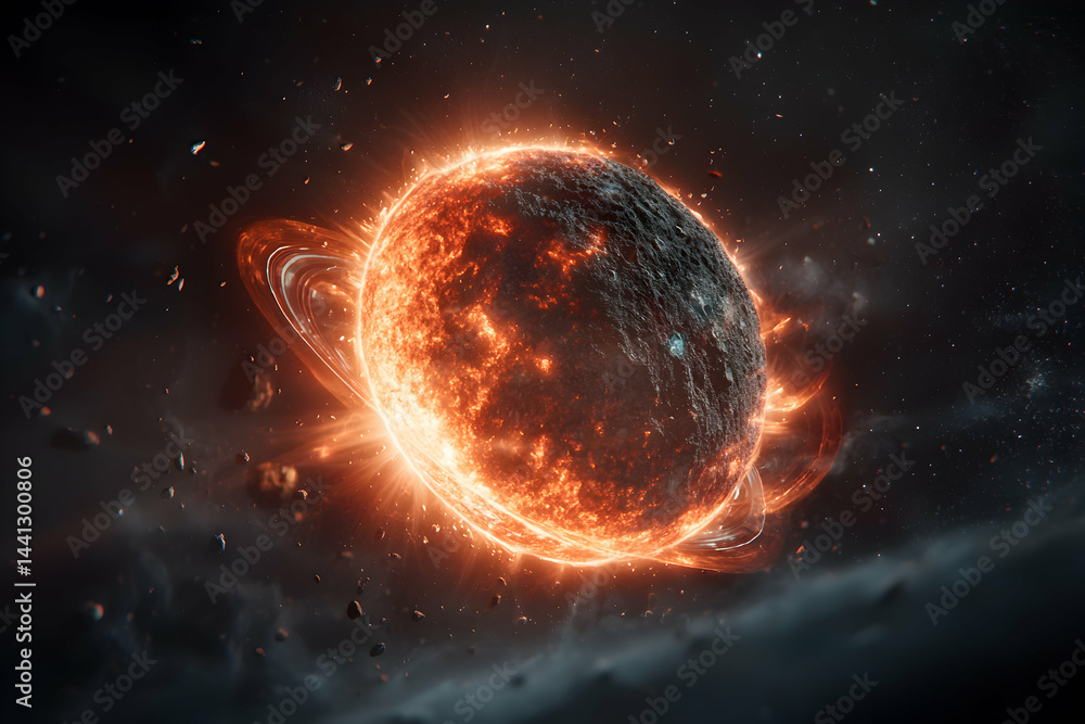 Aufkleber fiery planet with rings in space. use for sci-fi art space game backgrounds or illustrations. create