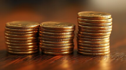 Stacks of Golden Coins on Wooden Surface: Wealth, Prosperity, and Financial Growth