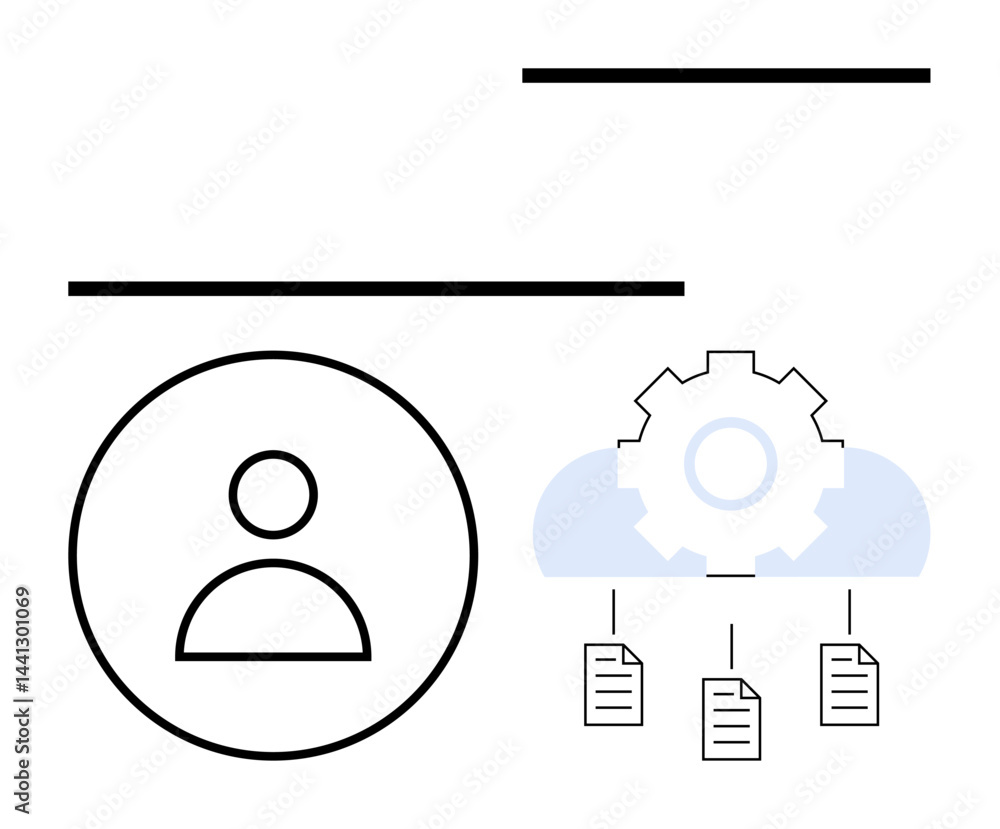 Poster user profile linked to cloud gear managing documents, symbolizing digital storage, workflow, and cus