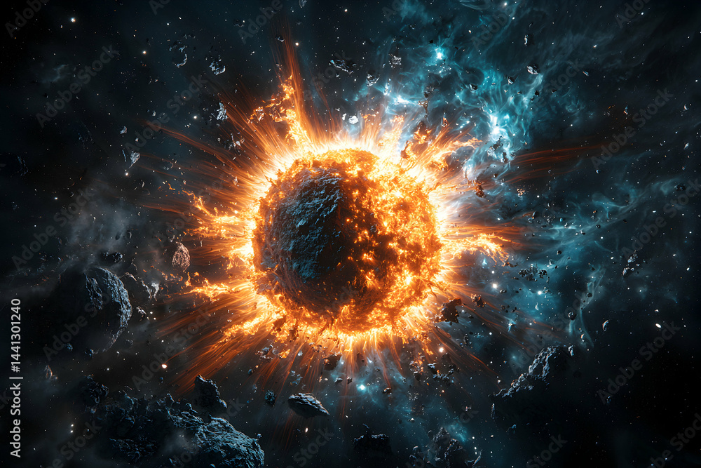 Poster this image depicts a celestial explosion with a fiery orb and debris in space. great for science fic