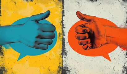 Two large hands giving thumbs up facing each other inside colorful speech bubbles on a textured yellow and off-white background conveying positive interaction