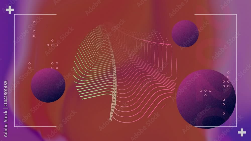 Poster abstract digital artwork animating in flat design, showing wavy wireframe floating purple spheres