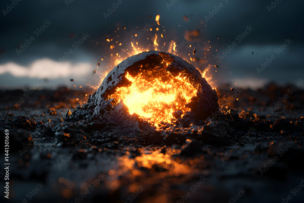 Poster a fiery explosion erupts from a scorched landscape. the image depicts a powerful destructive force a