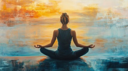 Woman Meditating Peaceful Yoga Pose Sunset Background Serene Spiritual Tranquil Artwork Painting Art Digital Illustration Graphic Design Image Artwork