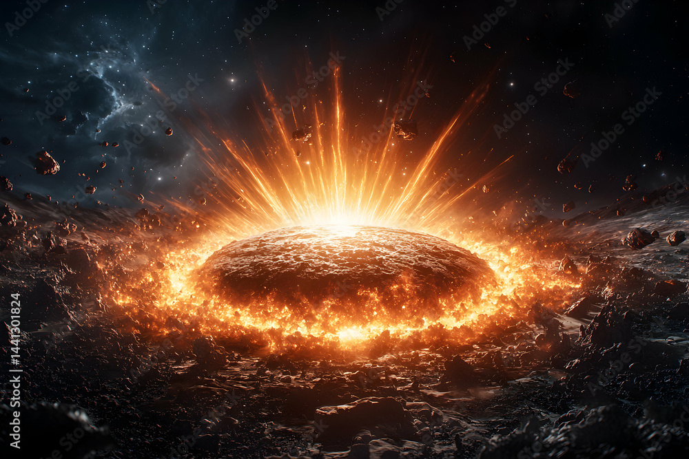 Poster a celestial explosion erupts in space. this image is perfect for illustrating science fiction concep