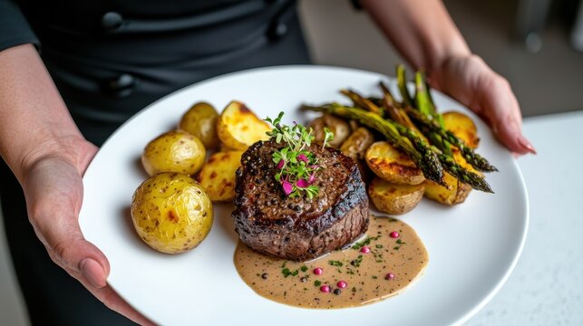 Whiskey steak sauce drizzled over juicy filet mignon garnished with fresh microgreens, accompanied by golden roasted potatoes and grilled asparagus