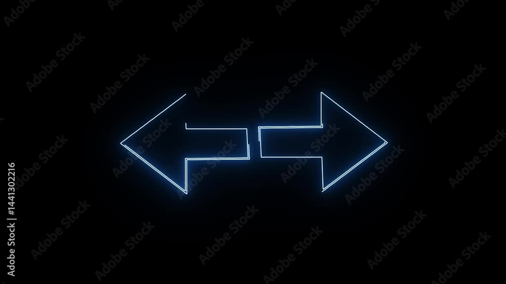 Poster neon arrow. dabble side glowing arrow isolated on black background. neon line arrow animation.