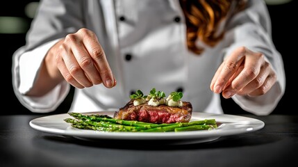 Steak with asparagus gourmet presentation showcasing juicy bone-in beef topped with vibrant microgreens alongside bright green asparagus spears on white restaurant plate