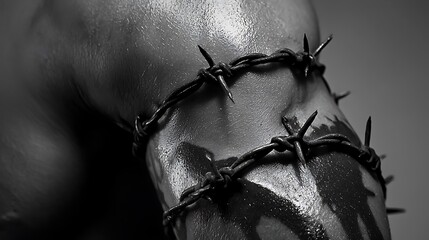A person's arm is covered in barbed wire